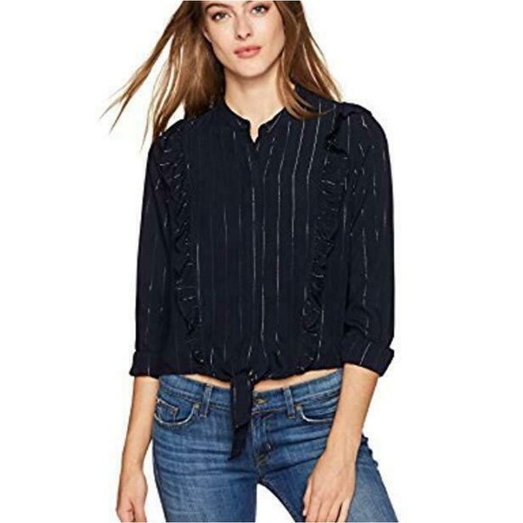 Rails Piper Navy Tied Waist Ruffled Button Down Romantic Long Sleeve Shirt - Picture 1 of 14